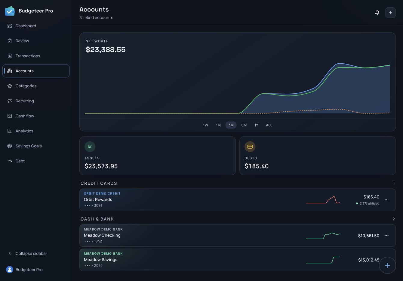 Demo checking, savings, and credit card accounts with no account-check warnings.