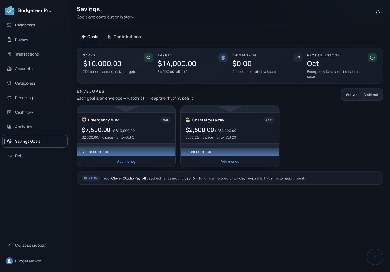 Emergency fund and vacation savings goals showing amounts saved, targets, and contribution actions.