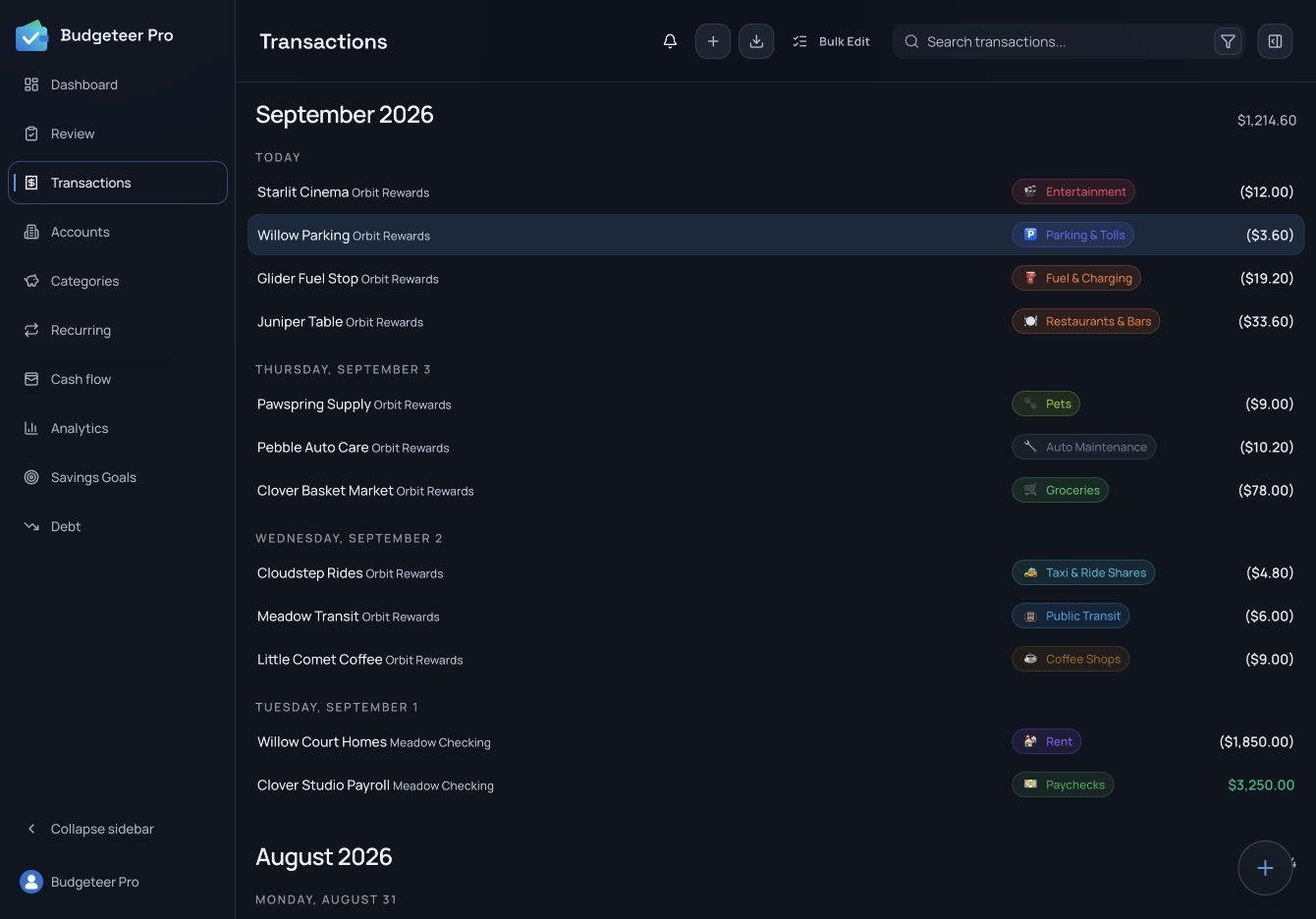 Searchable September transactions with merchants, categories, accounts, and amounts.